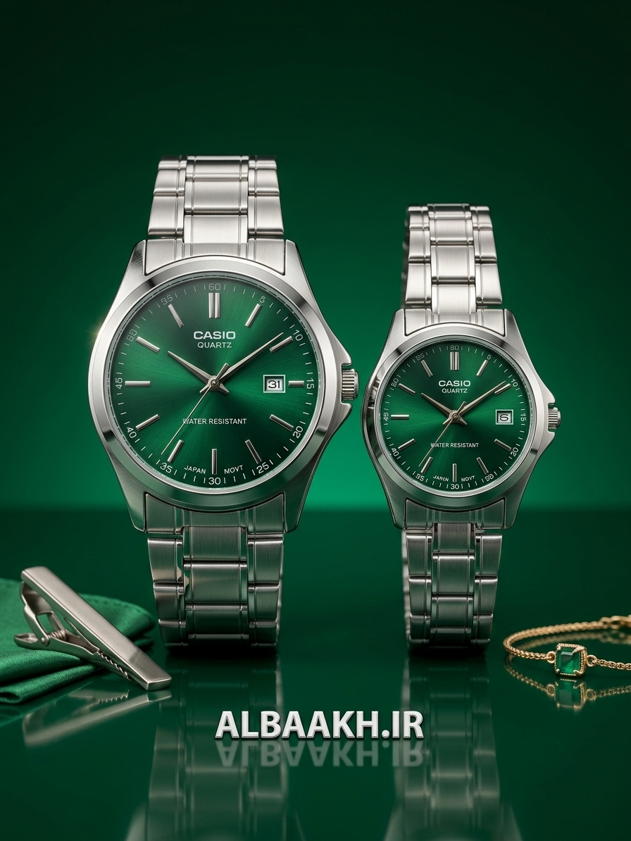 ساعت ست کاسیو گرد نقره ای صفحه سبز